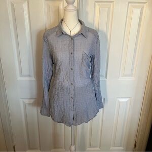 Free People Blue Striped Crinkle Button Down Shirt | Large | Boho Coastal Chic